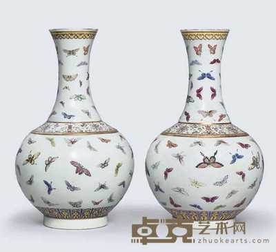 IRON-RED GUANGXU SIX-CHARACTER MARKS AND OF THE PERIOD (1875-1908) A PAIR OF FAMILLE ROSE ‘BUTTERFLY’ BOTTLE VASES 